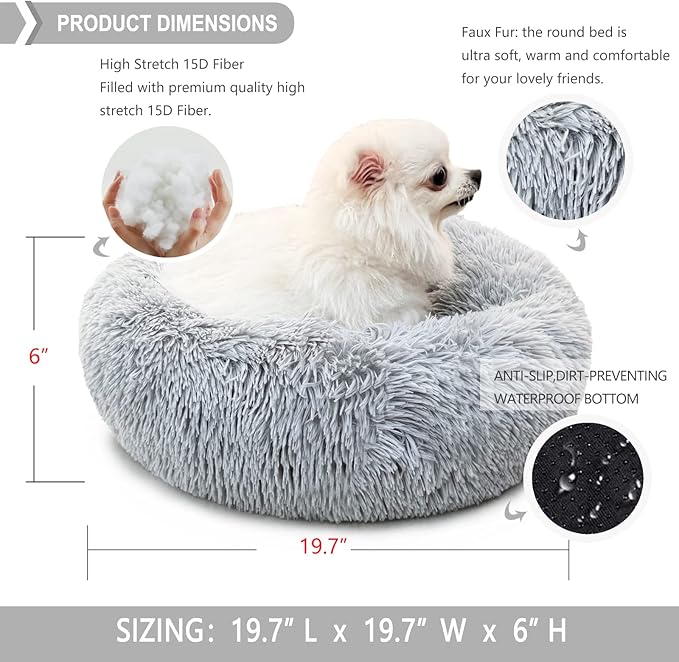 Calming Donut Dogs Beds for Small Dogs Washable,19inch Fluffy Round Puppy Bed for Puppies,Cats & Toy Breeds with Raised Rim,Fits up to 15 lbs Pets,Frost Grey