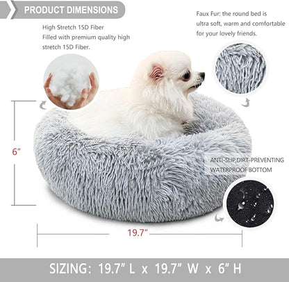 Calming Donut Dogs Beds for Small Dogs Washable,19inch Fluffy Round Puppy Bed for Puppies,Cats & Toy Breeds with Raised Rim,Fits up to 15 lbs Pets,Frost Grey