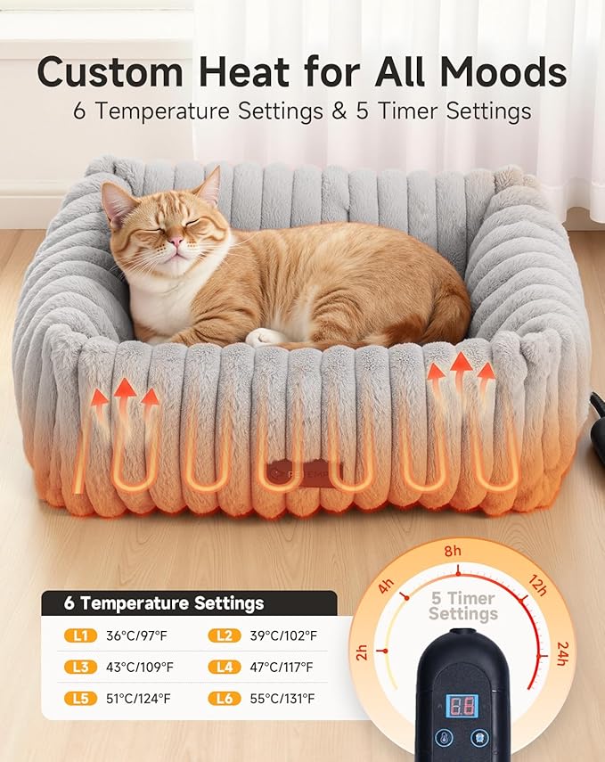 PETEMPO Heated Cat Bed Indoor, Pet Bed with 6 Temperature & 5 Timer Settings, Fluffy Cat Couch with Removable Machine-Washable Cover for Dogs Kitten Puppy in Winter, UL & FCC Certified, Small, Grey