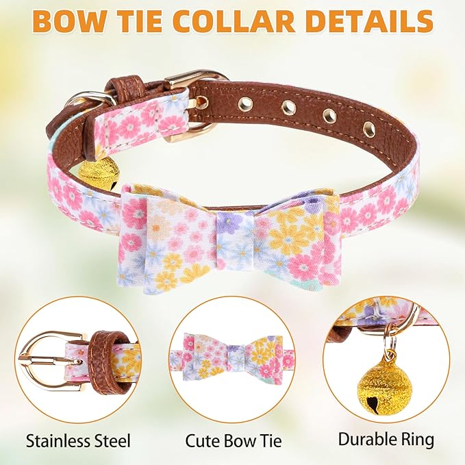 KOOLTAIL Small Dog Collar and Leash Set with Bowtie and Bells - Puppy Collar and Leash for Boy or Girl with Flower Matching Pattern, Soft Leather Tangle Free Leashes for Small Dogs,Cats
