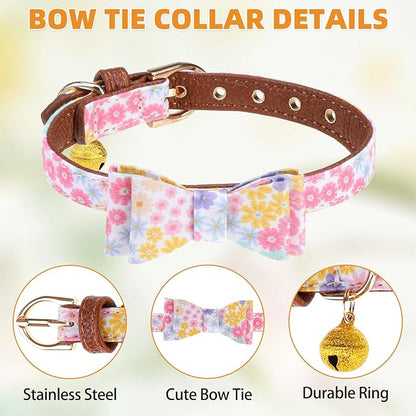 KOOLTAIL Small Dog Collar and Leash Set with Bowtie and Bells - Puppy Collar and Leash for Boy or Girl with Flower Matching Pattern, Soft Leather Tangle Free Leashes for Small Dogs,Cats