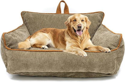 RAFASAFA Large Orthopedic Dog Sofa Bed with Sides, Carry Handle & Side Pockets .Plush Chenille Orthopedic Pet Bed Couch for Large Dogs.Portable Snuggler for Indoor Use, Travel & Recovery(Brown)