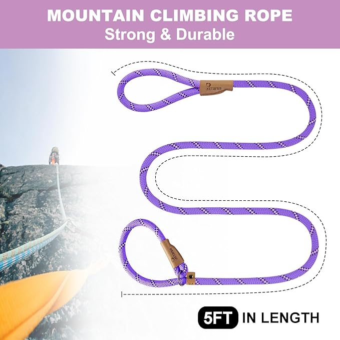 Heavy Duty Rope Dog Leash, No Pull Training Lead with Reflective Thread, Strong Comfortable Loop - Purple Stripe, Large(1/2")