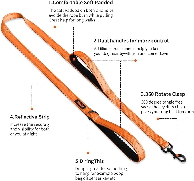 Heavy Duty Leash for Large Breed Dogs - Double Handle, Reflective Training Lead, Perfect for Medium to Large Dogs (6FT Orange)