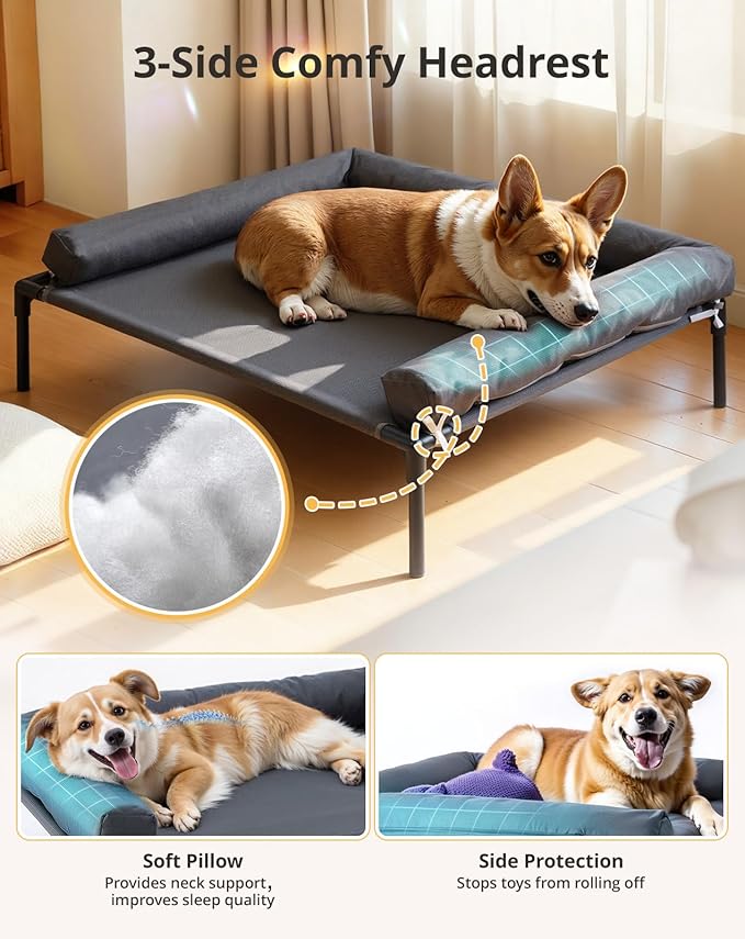 Cooling Elevated Dog Bed, 26.8x34 Raised Dog Bed with Removable Bolster Cushion, Breathable Mesh, Non-Slip Feet, and Metal Frame for Medium Breeds Indoor Outdoor