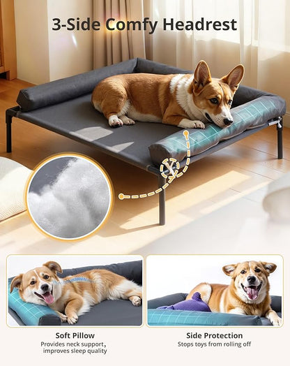 Cooling Elevated Dog Bed, 26.8x34 Raised Dog Bed with Removable Bolster Cushion, Breathable Mesh, Non-Slip Feet, and Metal Frame for Medium Breeds Indoor Outdoor