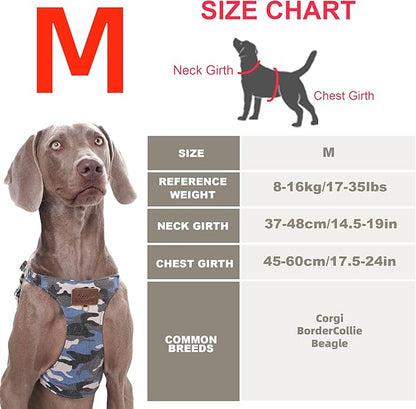 Puppytie No Pull Dog Harness with Multifunction Dog Leash,Soft Adjustable No Choke Escape Proof Pet Harness Vest (Camouflage Blue, M)