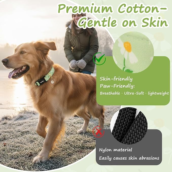 Dog Collar with Daisy Patterns, Spring Summer Collection Green Dog Collar with Exquisite Pendant, Durable Adjustable Collars for Gifts & Daily Use-S
