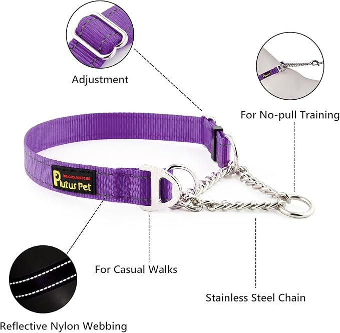 Plutus Pet Martingale Dog Collar with Stainless Steel Chain and Reflective Nylon, Adjustable No Pull Training Collar, for Small Medium, and Large Dogs, Purple, S