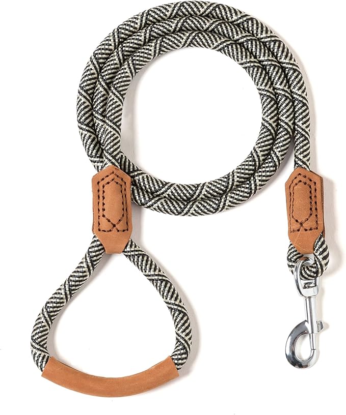 Mile High Life | Premium Leather Handle Dog Leash | Strong Rope Leash | Zinc Alloy Strong Clasp | Small Medium Large Dogs | 4/5/6 Feet(White, 72 Inch (Pack of 1))