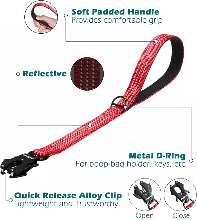 PetBonus Heavy Duty Short Dog Leash, 18 Inch Nylon Traffic Leash with Quick Release Clip, Comfortable Padded Handle, Reflective Training Lead for Medium Large Dogs (Red, 18")