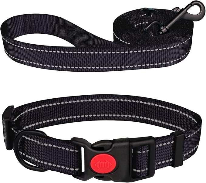 Reflective Dog Collar and Leash Set with Safety Locking Buckle Nylon Pet Collars Adjustable for Small Medium Large Dogs 4 Sizes(Black&M)