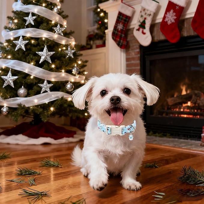 Lionet Paws Christmas Dog Collar- Blue Snowman Dog Collars with Plastic Buckle and Snowman Pendant, Light Adjustable Blue Dogs Collar for Small Medium Dogs