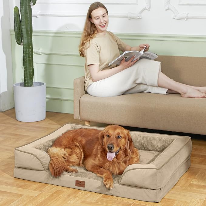 Comfort Expression Orthopedic Dog Bed for Extra Large Dogs 45x35 Inch, Waterproof Egg Crate Foam XL Pet Bed with Removable Bolsters, Dog Couch with Washable Cover & Non-Slip Bottom, Light Brown