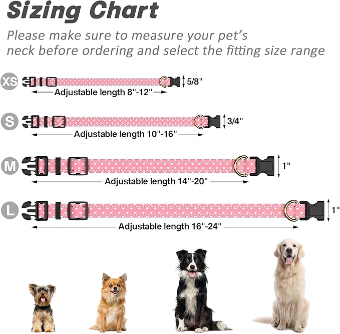 Reflective Dog Collar for Medium Dogs, Cute Adjustable Heavy-Duty Nylon Puppy Collars for Boy and Girl Female, Soft Pet Accessories with Quick Release Buckle, Neck 14-20", Pink Hearts