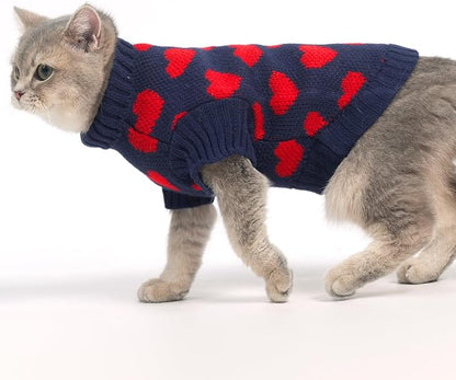 KOOLTAIL Cat Sweater Turtleneck- Soft Knit Sweaters for Cats Only, Christmas Red Heart Love Pattern Thick Warm Cold Weather Clothes for Small Medium Large Size Kitten Puppy Navy L