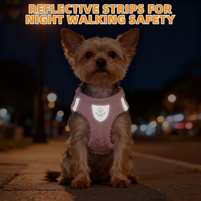 KOOLTAIL Plush Small Dog Harness and Leash Set, Warm Fleece No Pull Puppy Vest for Winter, Lightweight Reflective Step in Pet Harness for Medium Sized Dogs Boy Girl Outdoor Walking Cute Soft, Pink M