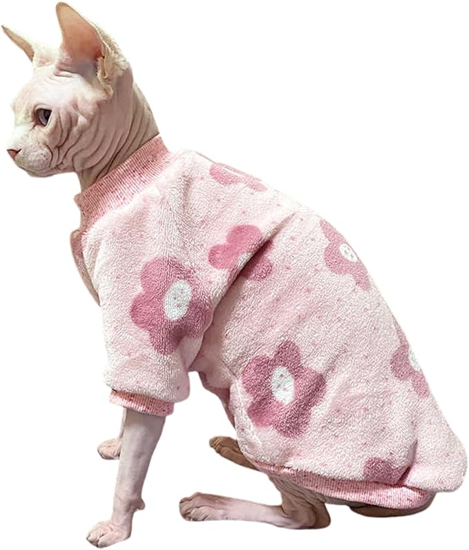 Urnat Cat Flannel Floral Clothes, Warm Soft Winter Jumpsuit Flower Prints Sweater Shirt Clothing for Hairless Sphynx, Devon & Indoor Kittens (Pink, M)