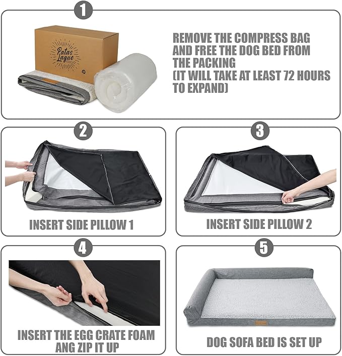 Patas Lague Orthopedic Jumbo Dog Bed for Extra Large Dogs 56''X40'', Waterproof L Bolster Pet Sofa Beds with Removable Washable Cover, Soft Comfortable Pet Couch Crate Mat with Nonskid Bottom, Pink