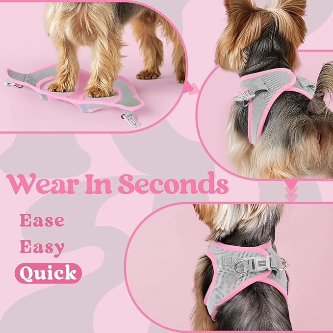 rabbitgoo Small Dog Harness, Step-in Soft Mesh Puppy Vest with Safety Buckle, Breathable Reflective Pet Harness for Extra Small Dogs, Pink & Gray XXS