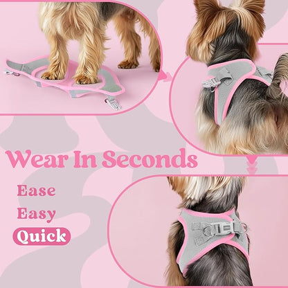 rabbitgoo Small Dog Harness, Step-in Soft Mesh Puppy Vest with Safety Buckle, Breathable Reflective Pet Harness for Small Sized Dogs, Pink & Gray M
