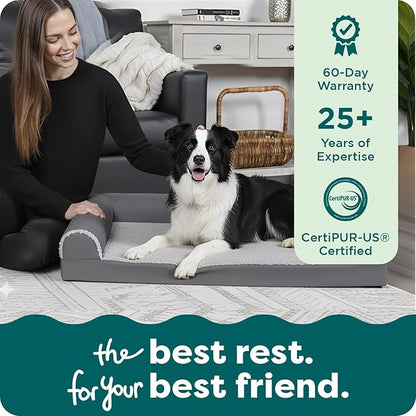 FurHaven Orthopedic Dog Bed for Large Dogs, L-Shaped Chaise Contour with Orthopedic Egg Crate & a Solid Orthopedic Foam Base for Joint Support, Washable Cover, Large, Faux Fur & Suede, Stone Gray