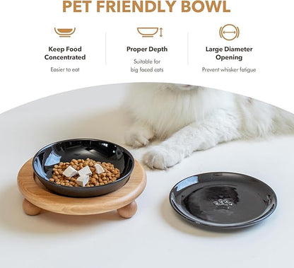 Havniva Raised Ceramic Wide Whisker Friendly Cat Dishes, Food&Water Bowl with 2 Style Stand Adjustable Pet Bowl Set(1Dish+1Shallow Dish+Stand, Black