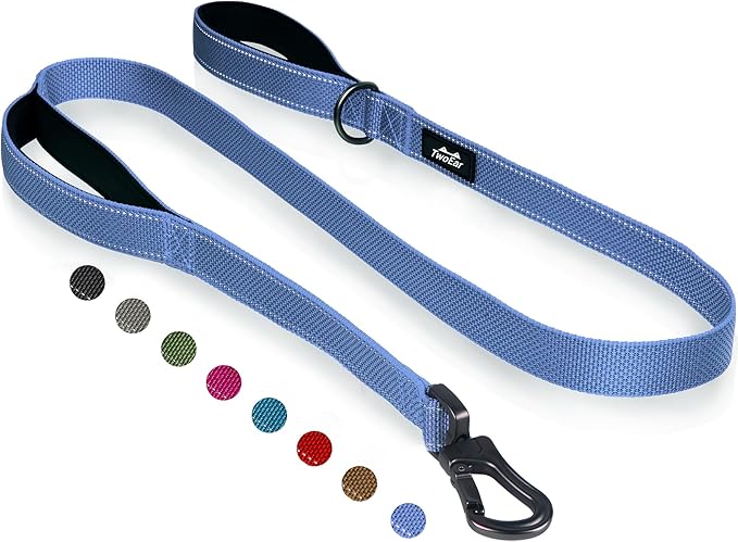 TwoEar 6FT 1IN Strong Dark Blue Dog Leash with 2 Padded Handles, Traffic Handle Extra Control, Comfortable Soft Dual Handle, Auto Lock Hook, Reflective Walking Lead for Small Medium and Large Dogs