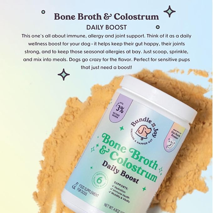 Bundle x Joy Beef Bone Broth Powder for Dogs Daily Boost Powder with Colostrum for Dogs Immune Support & Allergy Relief, 4.8 oz, 54 Servings - Dog Supplements Made in USA