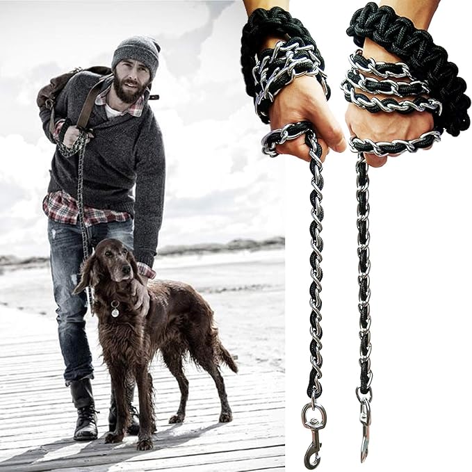 Dog Leash Metal Leashes Chain Rope with Pet Collar Training Walking Leads Heavy Duty Anti Bite 360 Hook for Medium and Large Dogs (Large)