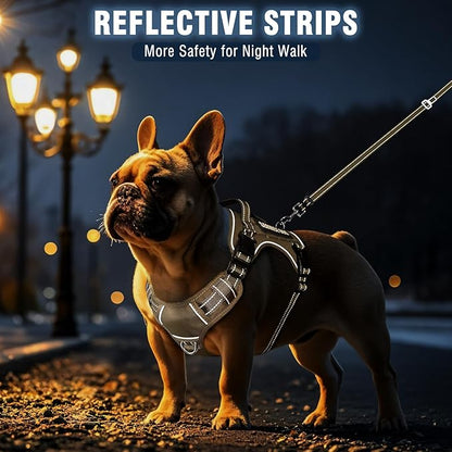 MOOGROU Tactical Dog Harness and Leash Set Medium Sized Dog,Heavy Duty No Pull Service Dog Vest and 10 Patches with Dog Seat Belt,Reflective Adjustable Pet Harness for Training Walking Hiking Brown M