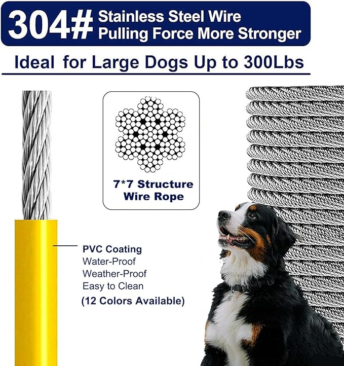 Tie Out Cable for Large Dogs, Dog Runner for Yard, Heavy Duty Swivel Hooks Lead Holds Break Strength of 1000lbs, Steel Wire Chain Dog Leash Cable for Yard (Yellow 50FT)