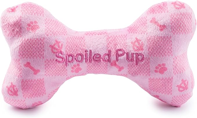 Haute Diggity Dog Pink Checker Chewy Vuiton Bone, Plush Designer Dog Toys with Interactive Squeaker, Stimulating Pet Enrichment, Machine-Washable & Safe Materials for All Breeds, Size Large