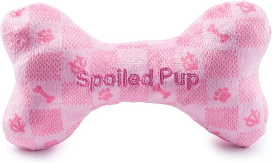Haute Diggity Dog Pink Checker Chewy Vuiton Bone, Plush Designer Dog Toys with Interactive Squeaker, Stimulating Pet Enrichment, Machine-Washable & Safe Materials for All Breeds, Size Large