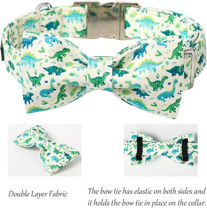 Lionet Paws Dinosaur Dog Collar with Bowtie, Cute Summer Beige Dog Collar for Girl for Small Dogs, Adjustable Cotton Pet Puppy Collars for Small Dogs