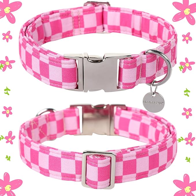 UP URARA PUP Dog Collar for Summer,Cute Pink Plaid Dog Collar,Cotton Puppy Collar with Adjustable Metal Buckle for Small,Medium,Large Girl Boy Dog