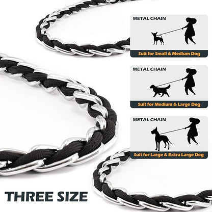 Dog Leash Chew Proof, Chain Leash Anti Chew Dog Leash for Large Dogs Heavy Duty, Indestructible Metal Leash Anti Bite Chain Link with Woven Cord Soft Padded Handle (Black, 4FT)