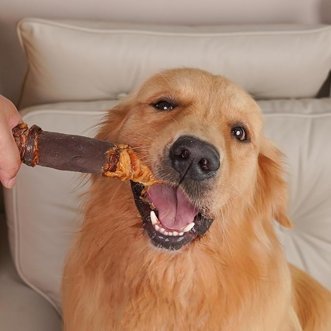 MON2SUN Dog Treats Triple Flavor 9 Inch Chicken Liver Duck and Chicken Wrapped Rawhide Rolls, Teeth Cleaning and Long Lasting Chews for Medium and Large Dogs, 22.2 oz(4 Count)
