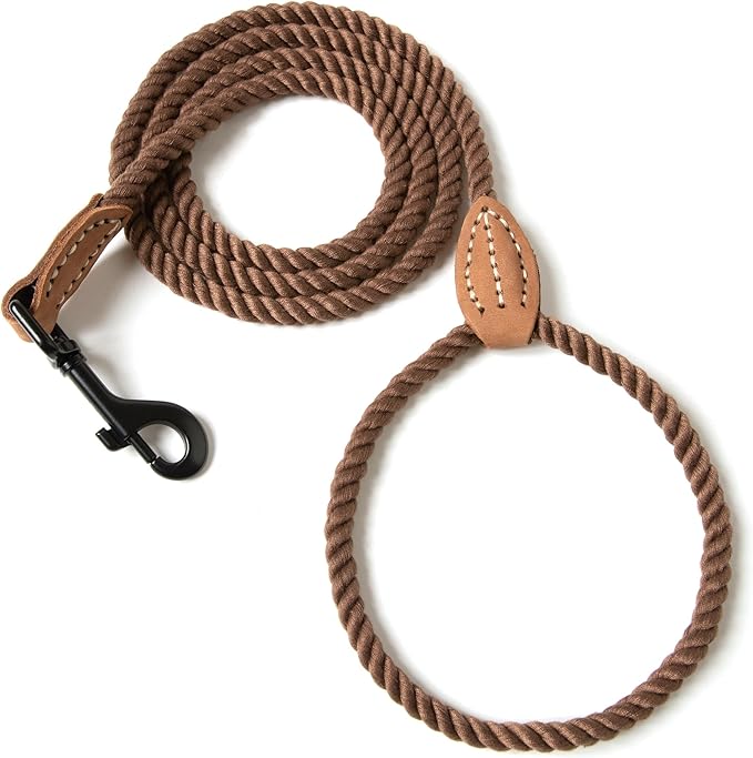 Mile High Life Dog Leash, Braided Cotton Rope Leashes with Leather Tip - Heavy Duty Metal Clasp, 6FT, 1/3" Thick - Wedding, Walking Leash for Small Medium Puppys(Dark Brown)