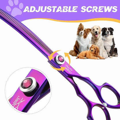 JASON 7.5" Dog Grooming Scissors - Professional Curved Thinning Shears for Grooming, Japanese 440C Stainless Steel Blender Shears with Diamond Adjustable Screw (65 Teeth, Purple) Christmas Gift