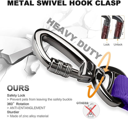Tactical Dog Collar and Bungee Leash Set, Adjustable Military Training Nylon Dog Collar with Controll Handle and Heavy Metal Buckle，with USA American Flag, Patches and Airtags Case (Purple, XL)
