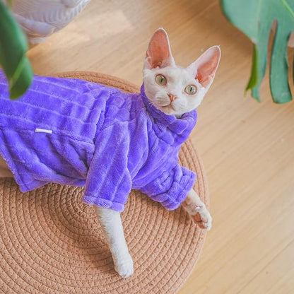 Turtleneck Sweater for Sphynx Cat Soft Coral Fleece Cat Clothes Thick Winter Warm Outfit Coat for Hairless Cats and Small Dogs Apparel with Sleeves (Purple, M (5-7 lbs))