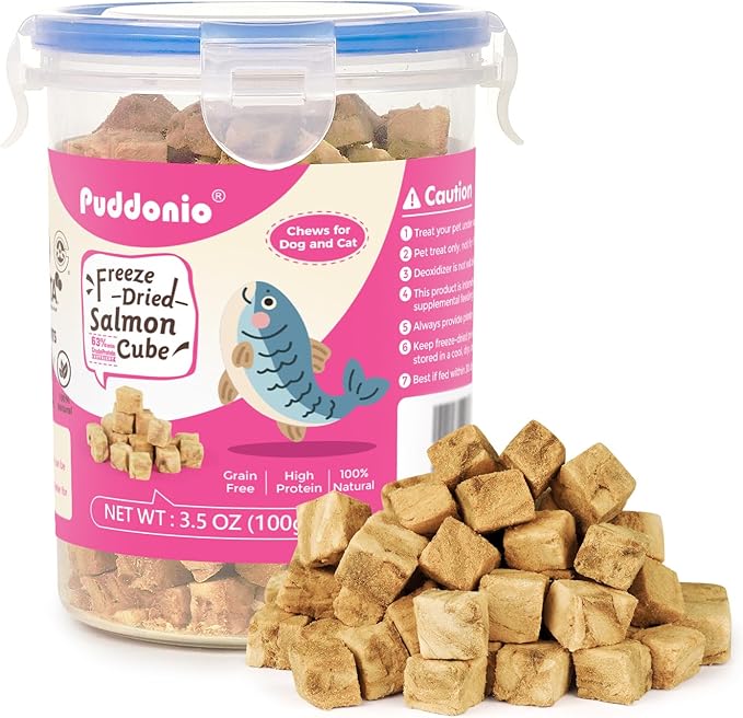 Puddonio Freeze Dried Cats & Dogs Raw Treats, All Natural Single Ingredient Salmon, High Protein Healthy Pet Training Treats or Food Topper, 3.5 oz