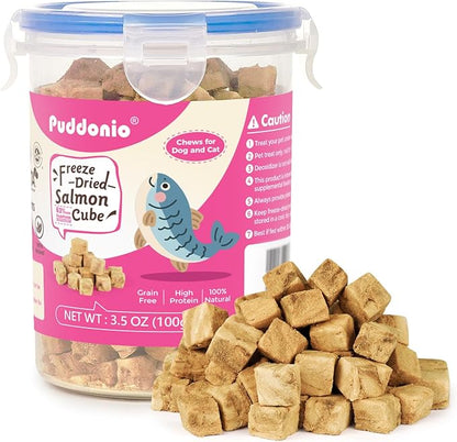 Puddonio Freeze Dried Cats & Dogs Raw Treats, All Natural Single Ingredient Salmon, High Protein Healthy Pet Training Treats or Food Topper, 3.5 oz