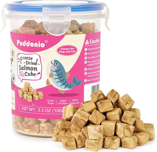 Puddonio Freeze Dried Cats & Dogs Raw Treats, All Natural Single Ingredient Salmon, High Protein Healthy Pet Training Treats or Food Topper, 3.5 oz