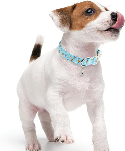 Faygarsle Funny Chicken Pattern Dog Collar, Cotton Fabric, Light Blue with Farm Animal Print for Small Medium Large Dogs L