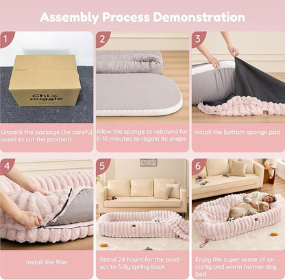 ChiXnuggle Human Dog Bed for Adult - Luxury Striped Faux Fur Giant Dog Bed with Portable Handle, Egg Orthopedic Foam Pad with Thick Warm Blanket, 72"x40"x10", Pink
