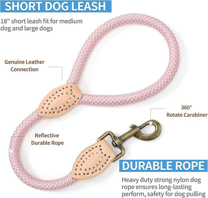 Mile High Life Short Dog Leash, Short Leash for Large Dogs, Reflective Dog Lead with w Leather Tip, Heavy Duty Leash for Large and Medium Dogs Training and Walking(Pink, 18 Inch)