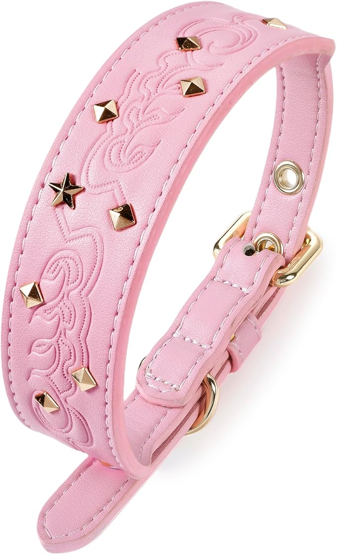 Blueberry Pet Premium Embossed Pink Glam Silver-Powered Freshness Microfiber Leather Dog Collar with Gold Studs
