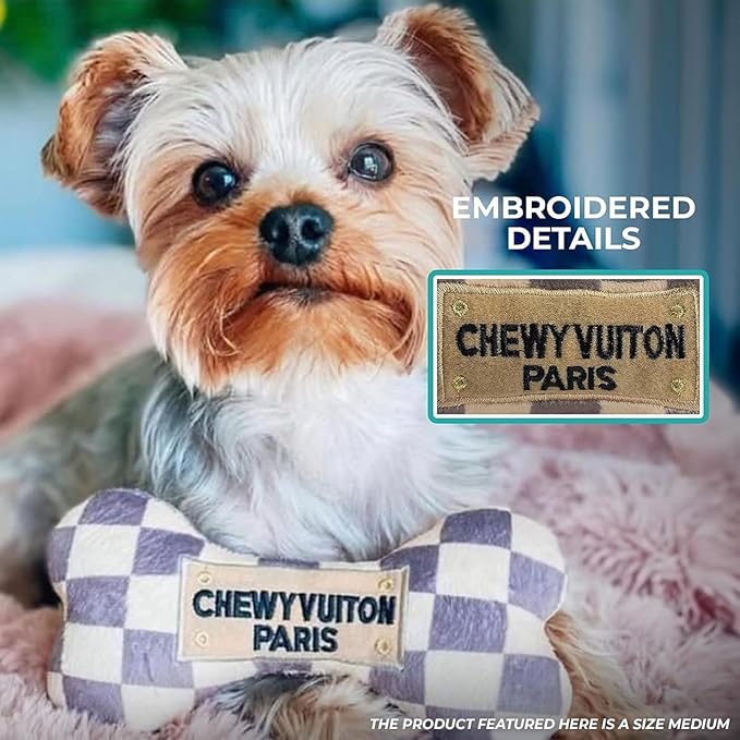 Haute Diggity Dog Medium Checker Chewy Vuiton Plush Dog Toys for Small, Medium & Large Dogs, 3-Pack Durable Stuffed Designer-Inspired Pet Toys with Interactive Squeaker, Machine-Washable & Safe